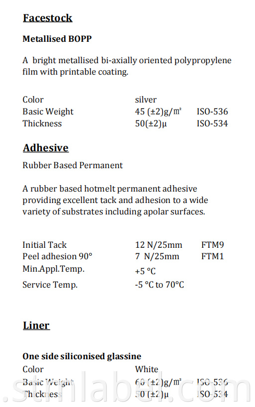 Ha18ql0922 Metallised Bopp Rubber Based Permanent White Glassine